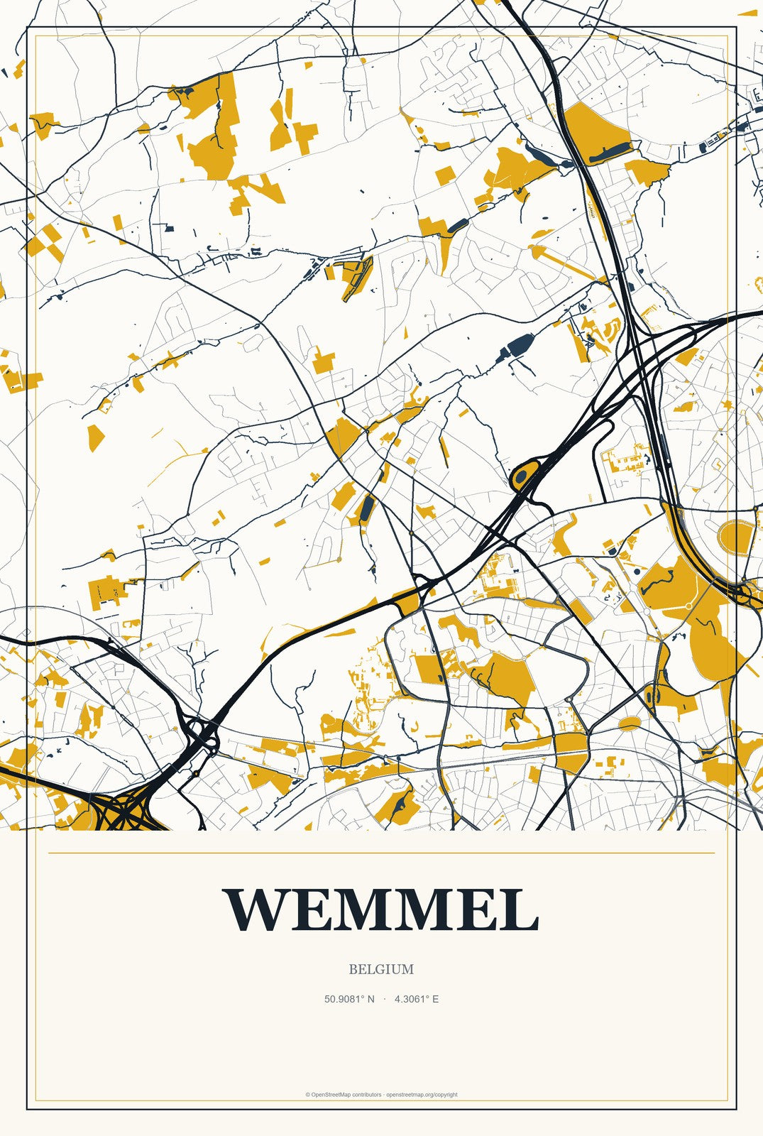 Wemmel, Belgium City Map Aluminum Sign in Citrine Modern style