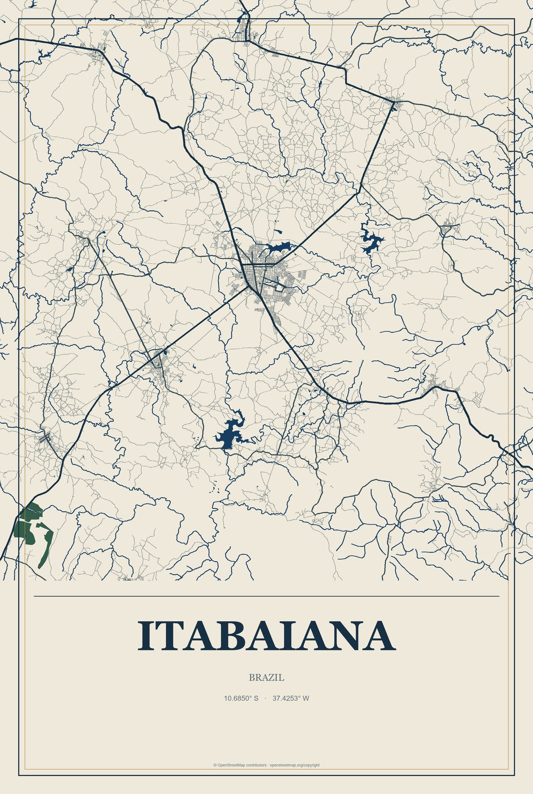 Itabaiana, Paraíba, Brazil City Map Aluminum Sign in Coastal Cutout style