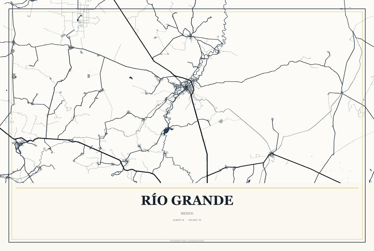 Río Grande, Zacatecas, Mexico City Map Aluminum Sign in Citrine Modern style