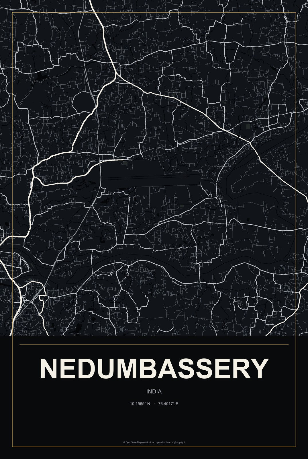 Nedumbassery, India City Map Aluminum Sign in Metropolitan Noir style