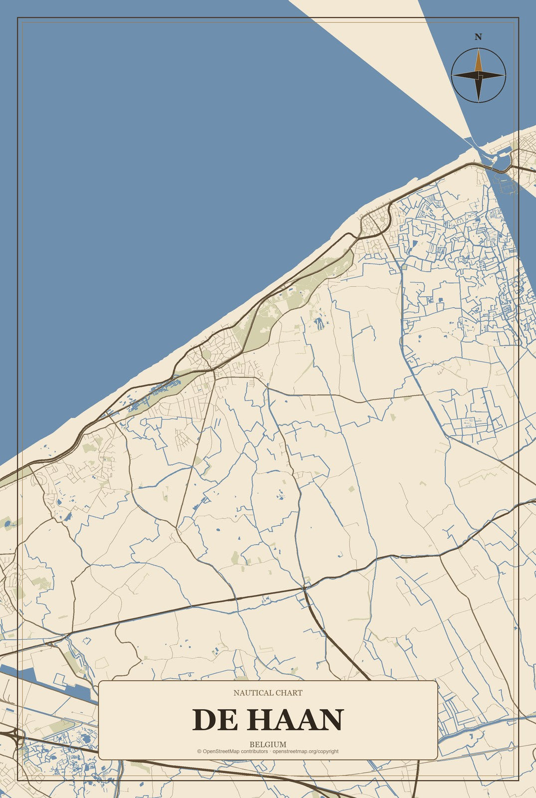 De Haan, Belgium City Map Aluminum Sign in Heritage Nautical style