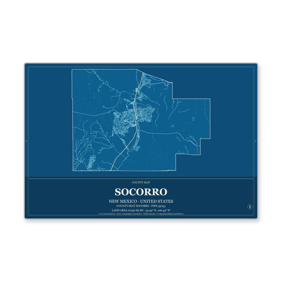 Socorro County, New Mexico Map Aluminum Sign in Harbor Cobalt style