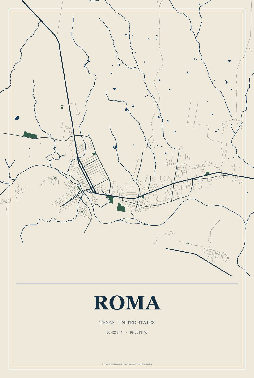 Roma, Texas City Map Aluminum Sign in Coastal Cutout style