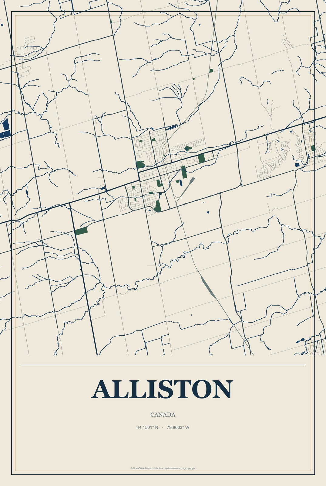 Alliston, Canada City Map Aluminum Sign in Coastal Cutout style