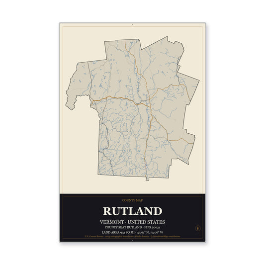Rutland County, Vermont Map Aluminum Sign in Museum Plaque style