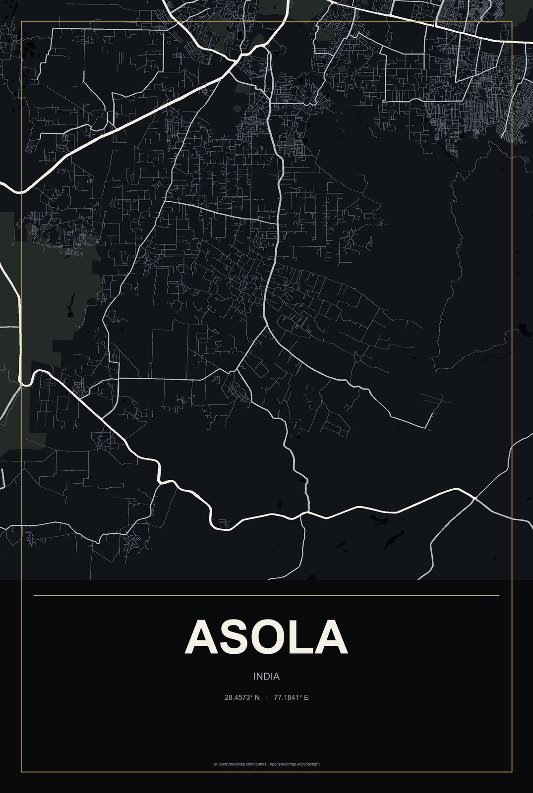 Asola, India City Map Aluminum Sign in Metropolitan Noir style