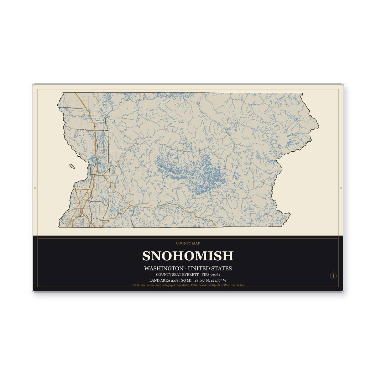 Snohomish County, Washington Map Aluminum Sign in Museum Plaque style