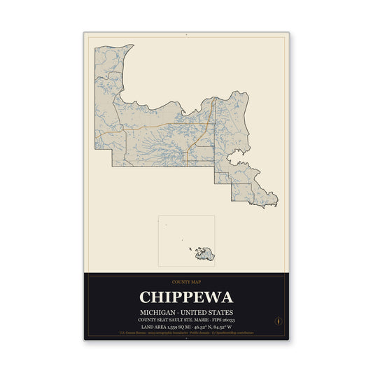 Chippewa County, Michigan Map Aluminum Sign in Museum Plaque style