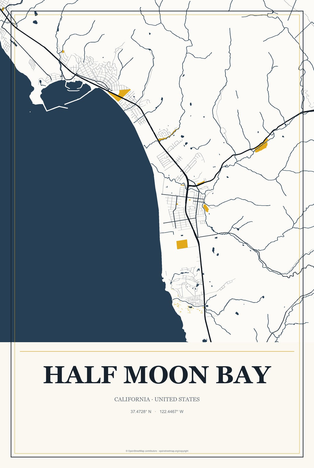 Half Moon Bay, California City Map Aluminum Sign in Citrine Modern style