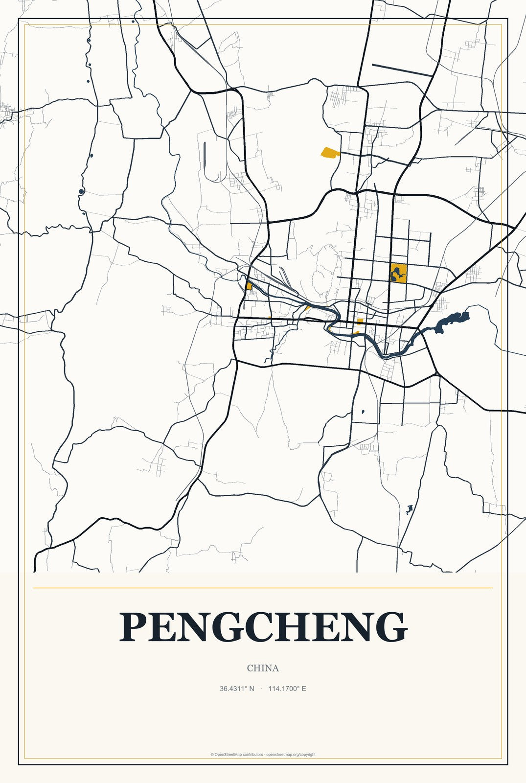 Pengcheng, China City Map Aluminum Sign in Citrine Modern style