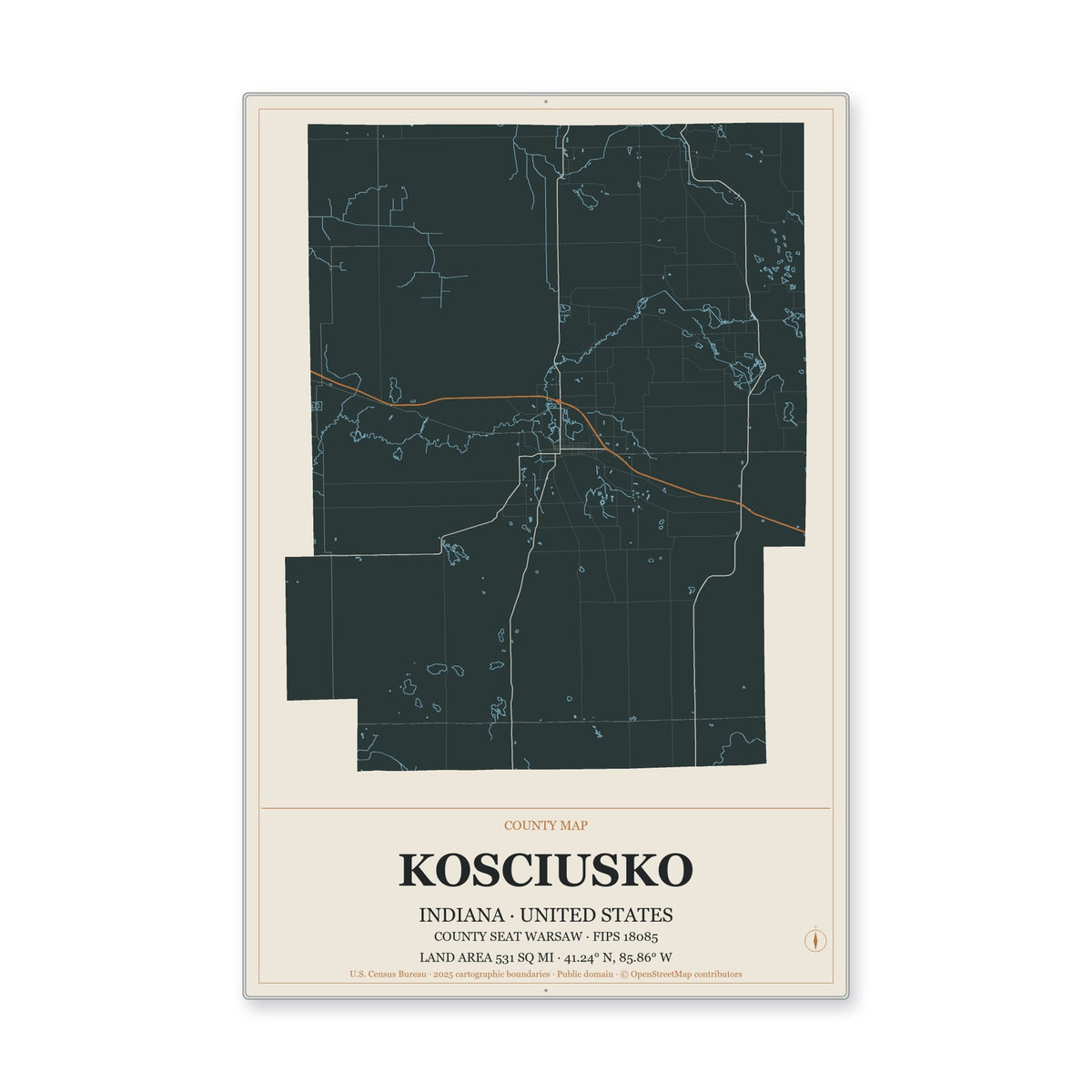 Kosciusko County, Indiana Map Aluminum Sign in Headline Atlas style