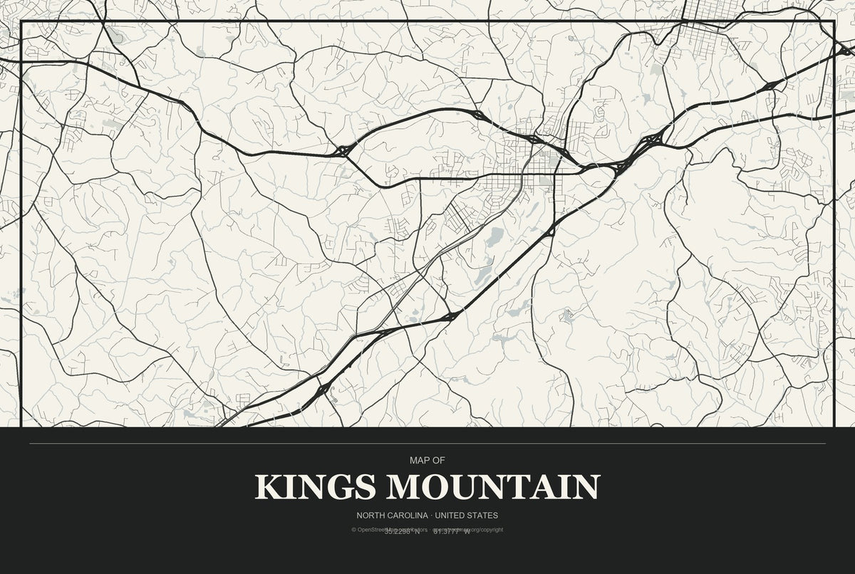 Kings Mountain, North Carolina City Map Aluminum Sign in Museum Plaque style
