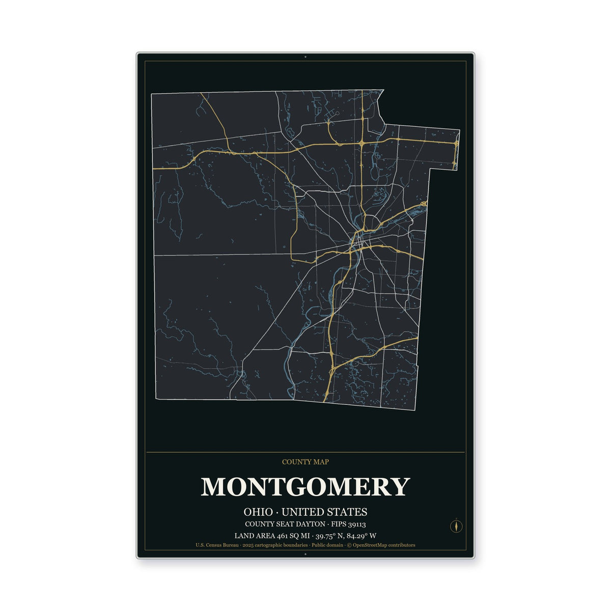 Montgomery County, Ohio Map Aluminum Sign in Metropolitan Noir style