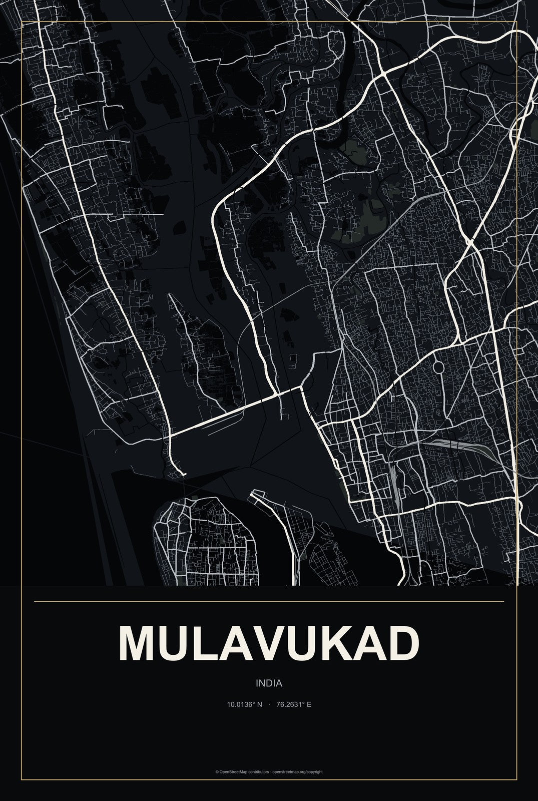 Mulavukad, India City Map Aluminum Sign in Metropolitan Noir style
