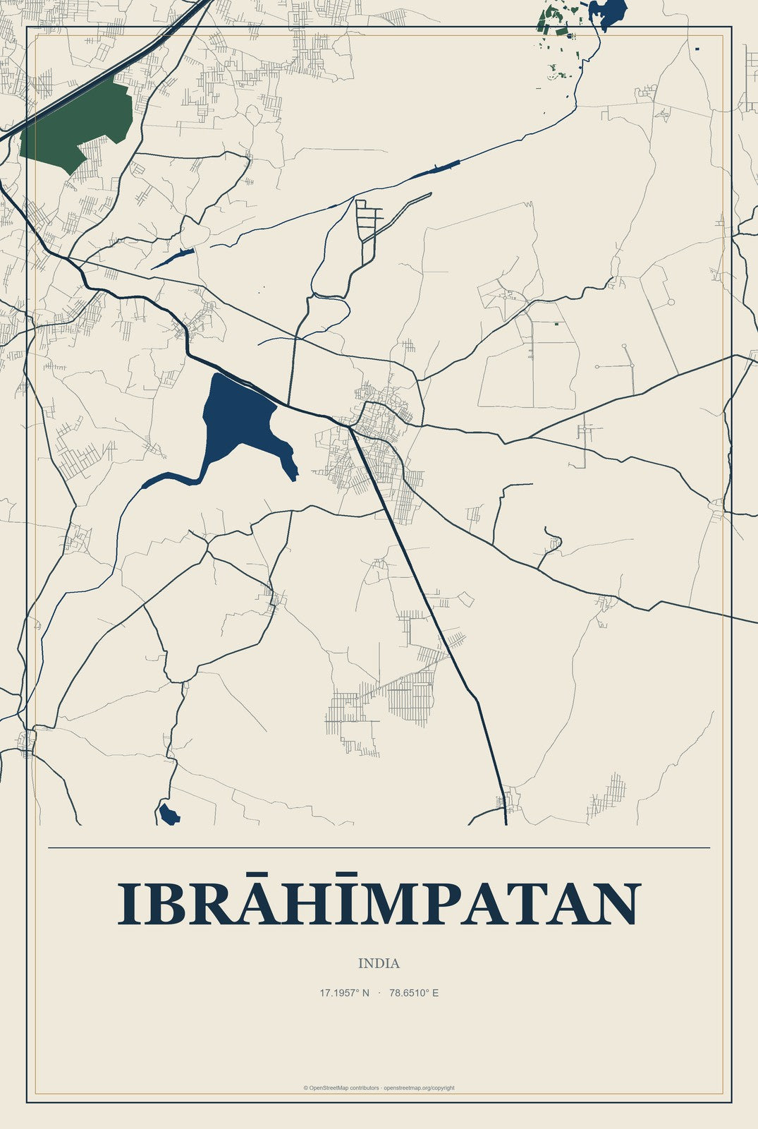 Ibrāhīmpatan, India City Map Aluminum Sign in Coastal Cutout style