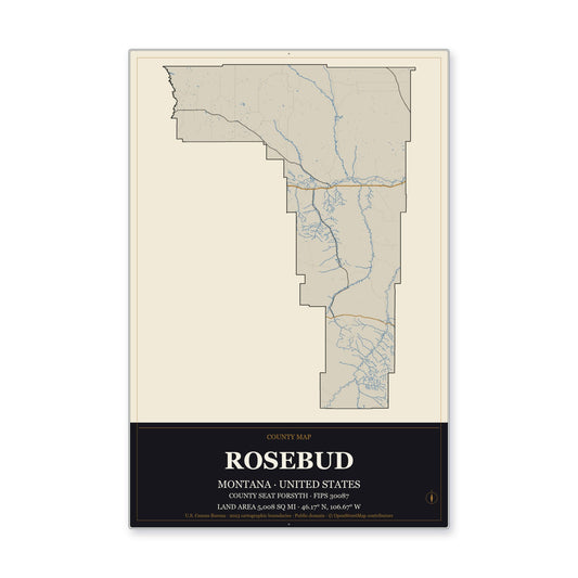 Rosebud County, Montana Map Aluminum Sign in Museum Plaque style
