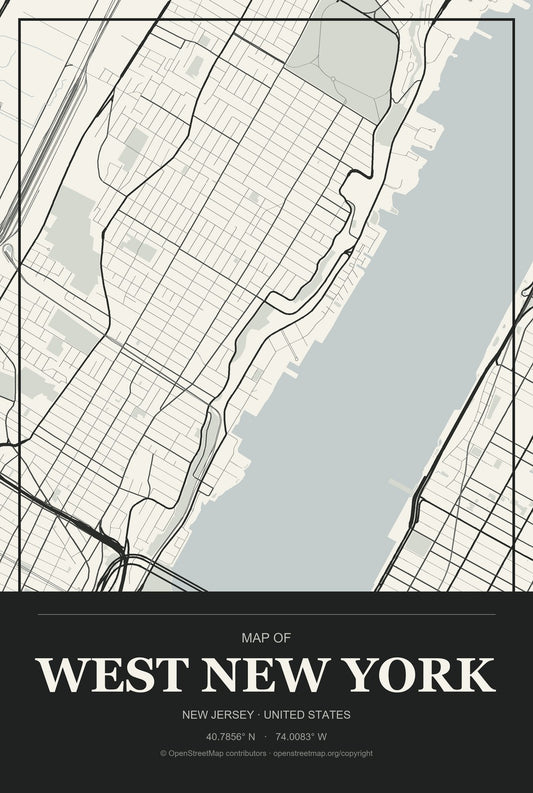 West New York, New Jersey City Map Aluminum Sign in Museum Plaque style