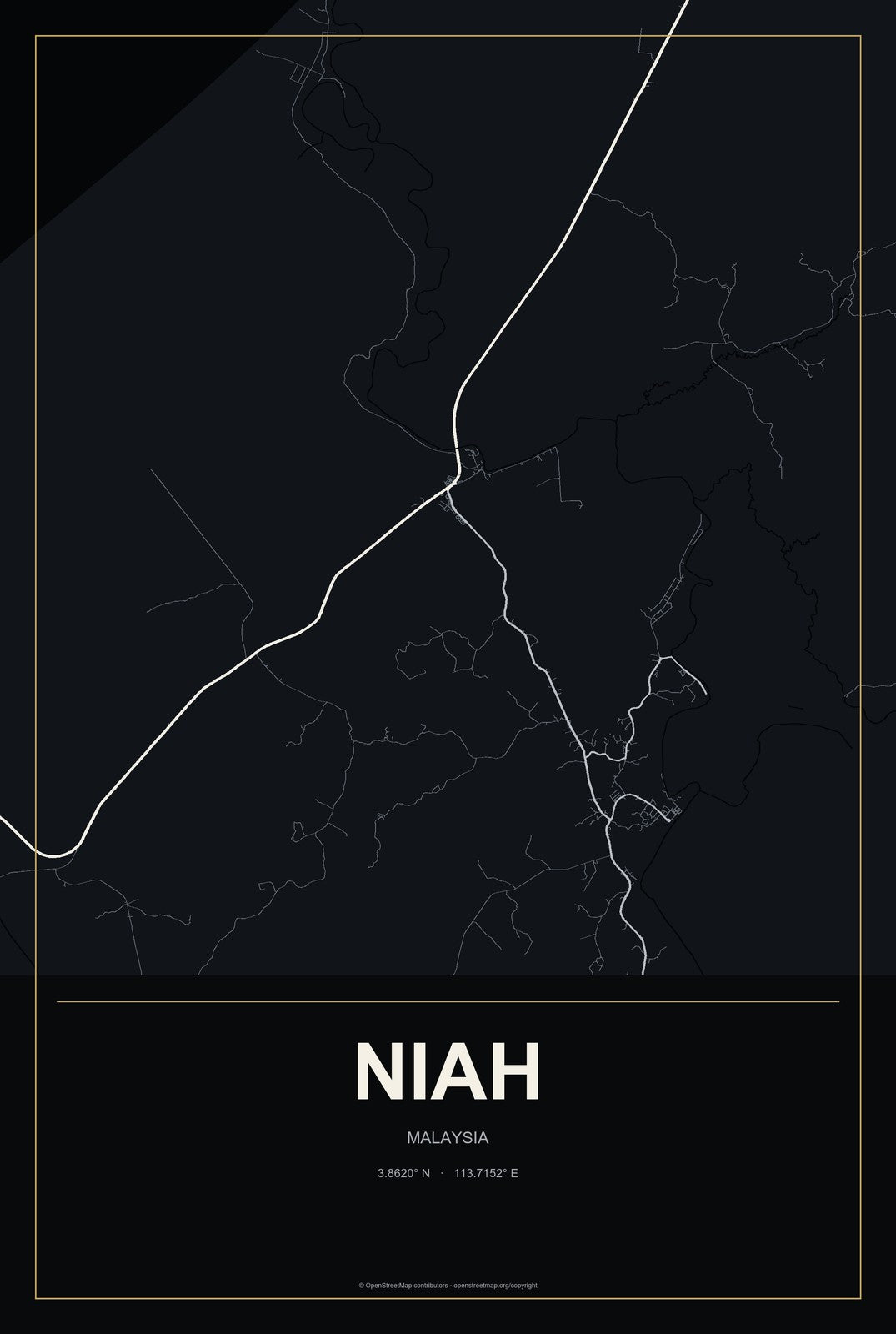 Niah, Malaysia City Map Aluminum Sign in Metropolitan Noir style
