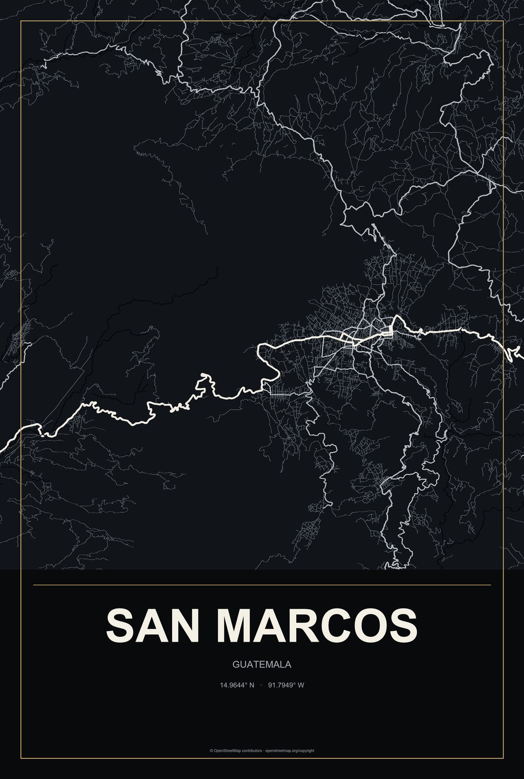 San Marcos, Guatemala City Map Aluminum Sign in Metropolitan Noir style