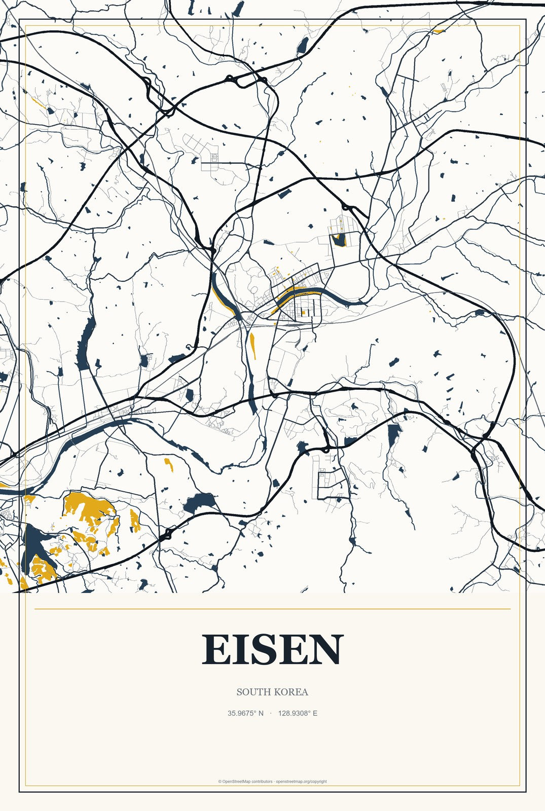 Eisen, South Korea City Map Aluminum Sign in Citrine Modern style