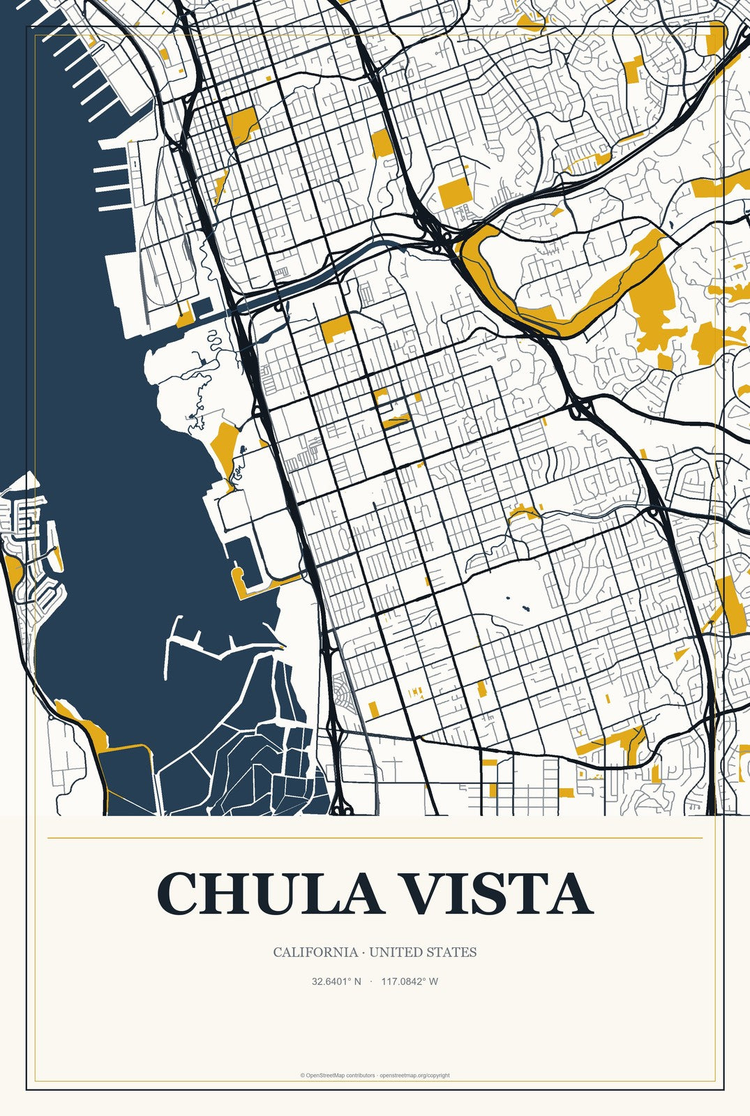Chula Vista, California City Map Aluminum Sign in Citrine Modern style