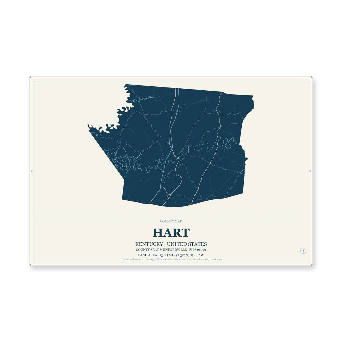 Hart County, Kentucky Map Aluminum Sign in Coastal Cutout style