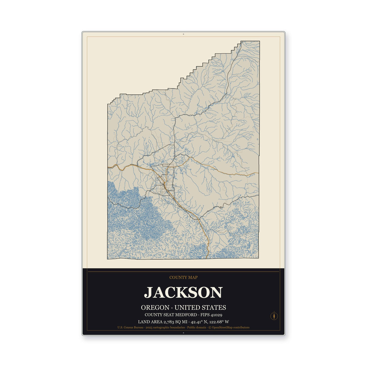 Jackson County, Oregon Map Aluminum Sign in Museum Plaque style