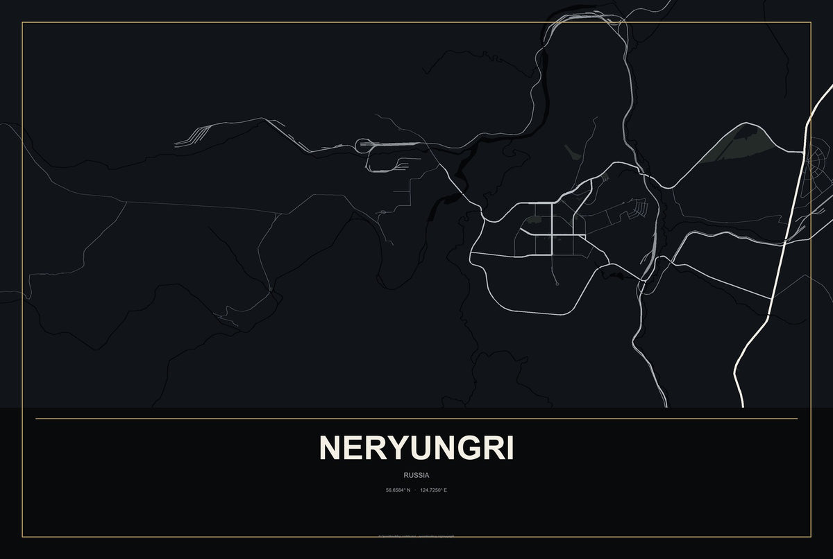 Neryungri, Russia City Map Aluminum Sign in Metropolitan Noir style