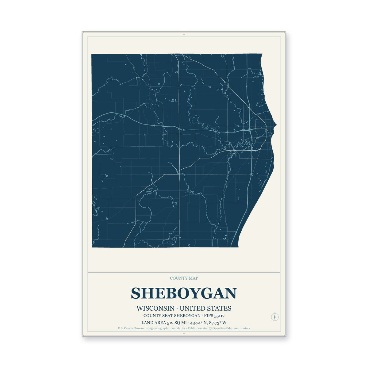 Sheboygan County, Wisconsin Map Aluminum Sign in Coastal Cutout style