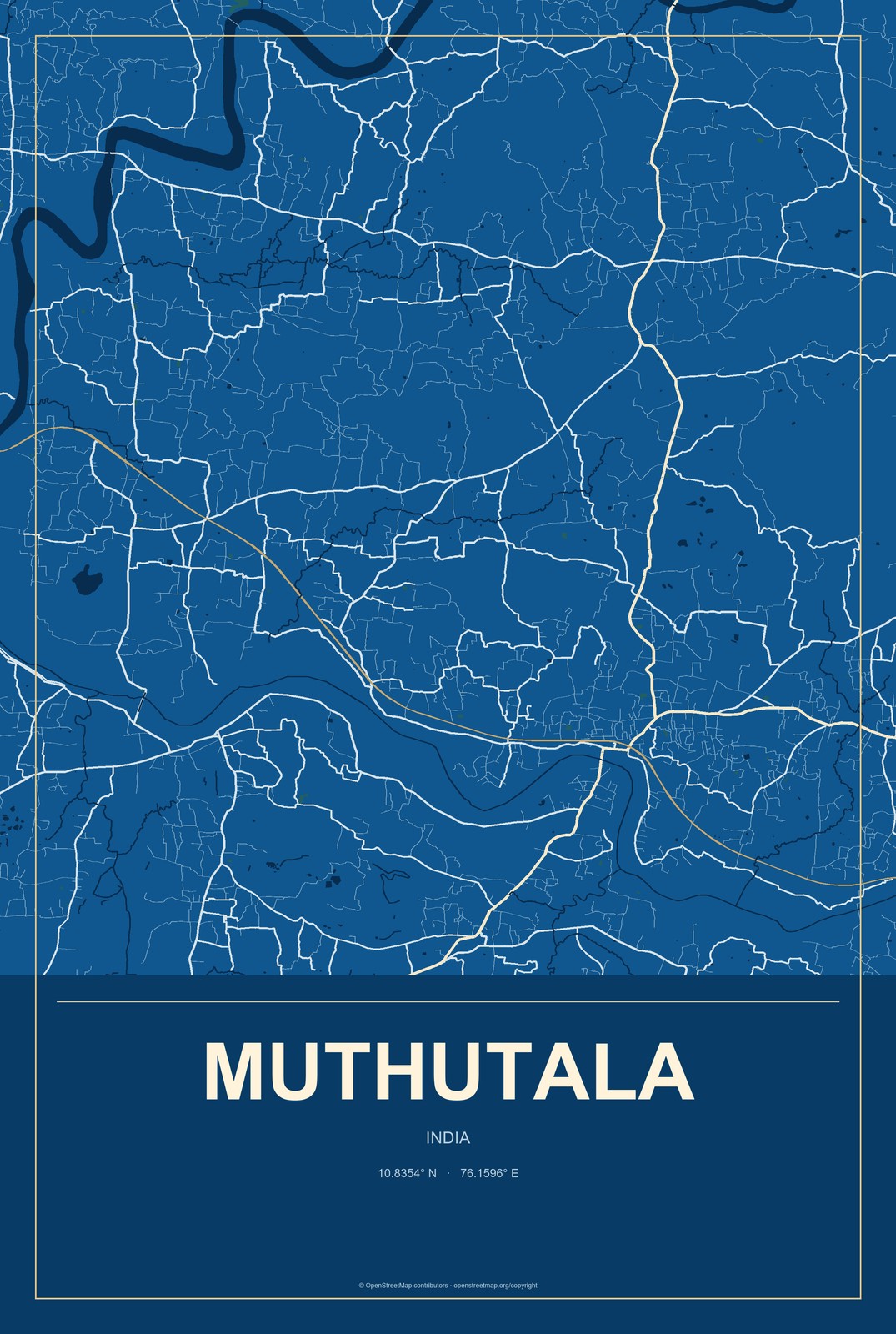 Muthutala, India City Map Aluminum Sign in Harbor Cobalt style