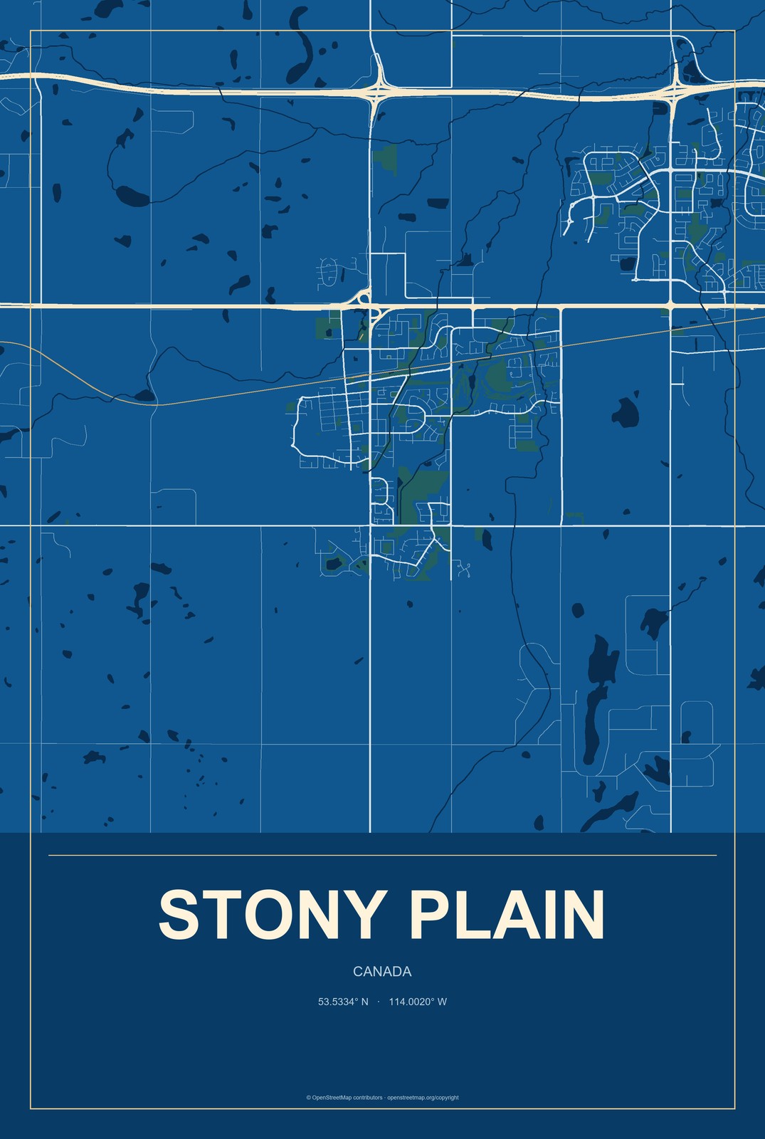 Stony Plain, Canada City Map Aluminum Sign in Harbor Cobalt style