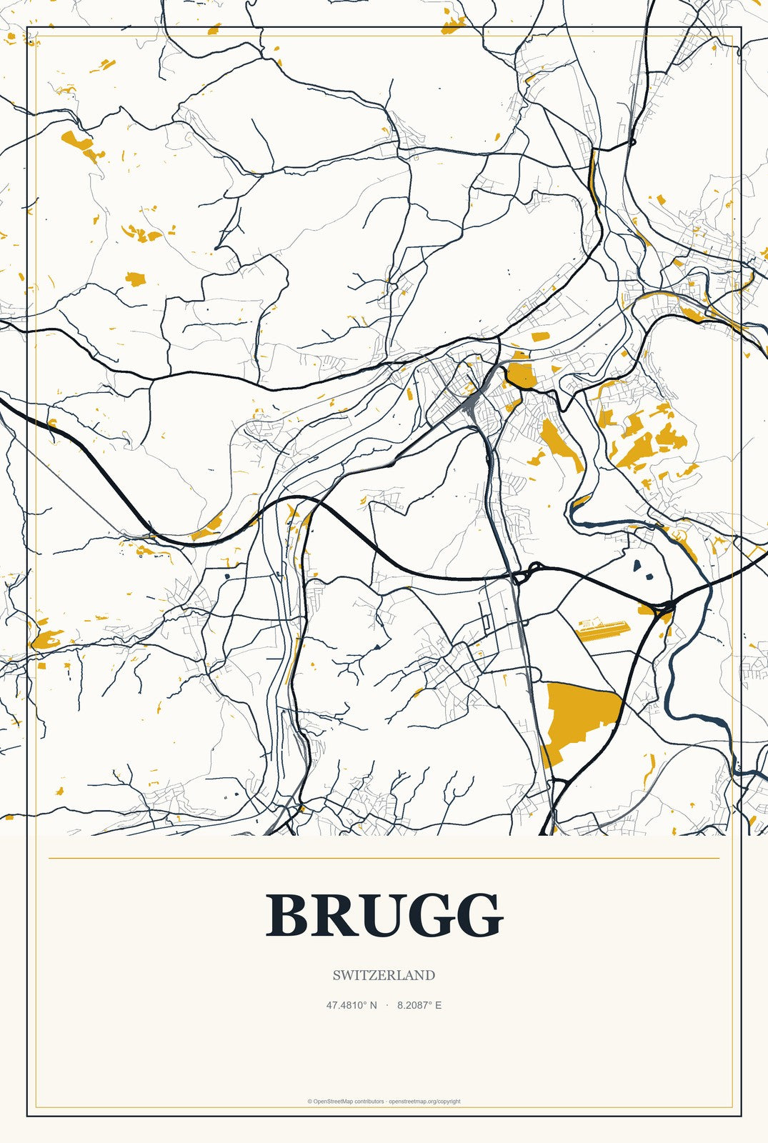 Brugg, Switzerland City Map Aluminum Sign in Citrine Modern style