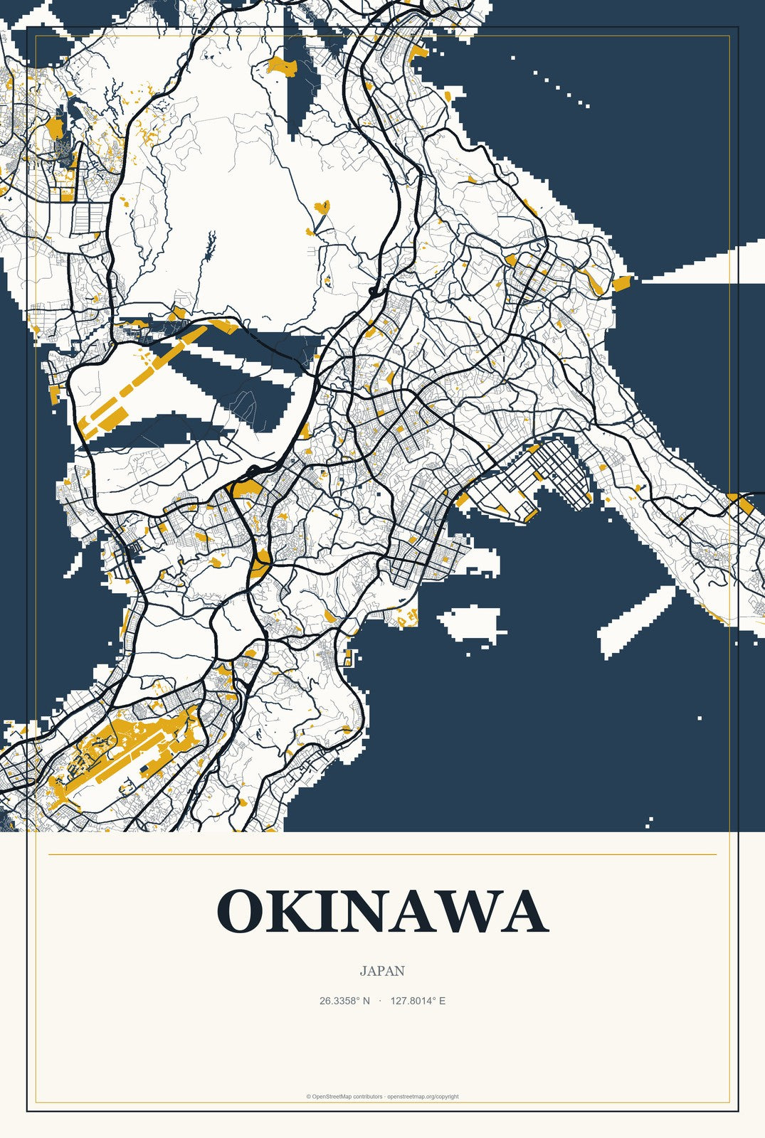 Okinawa, Japan City Map Aluminum Sign in Citrine Modern style