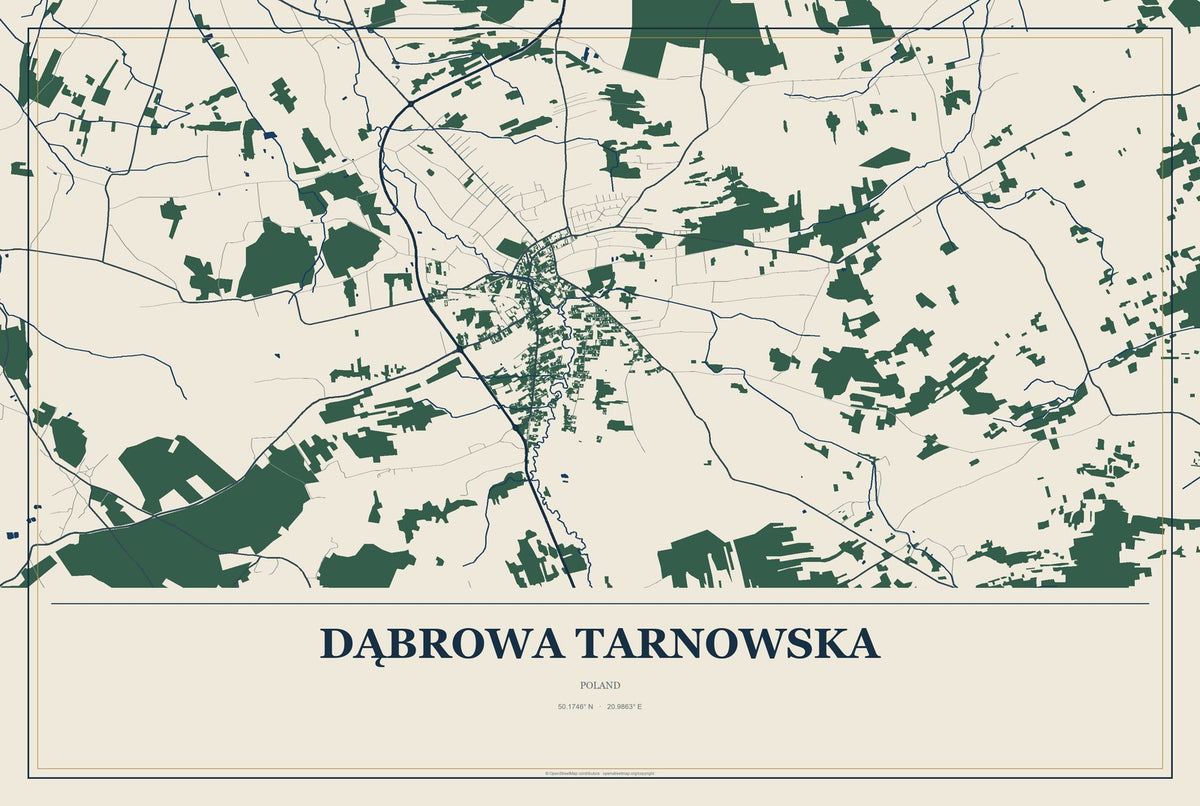 Dąbrowa Tarnowska, Poland City Map Aluminum Sign in Coastal Cutout style