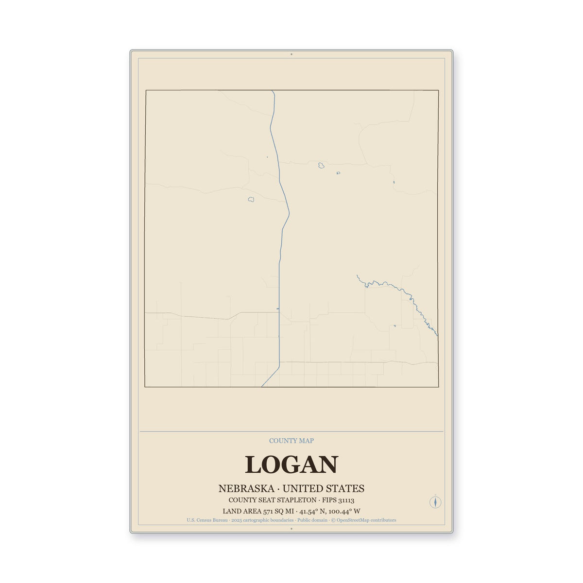 Logan County, Nebraska Map Aluminum Sign in Heritage Nautical style
