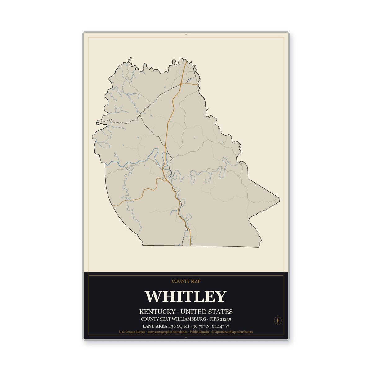 Whitley County, Kentucky Map Aluminum Sign in Museum Plaque style