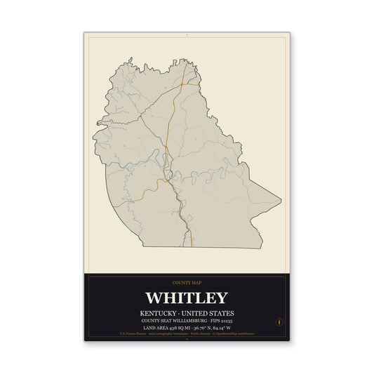 Whitley County, Kentucky Map Aluminum Sign in Museum Plaque style