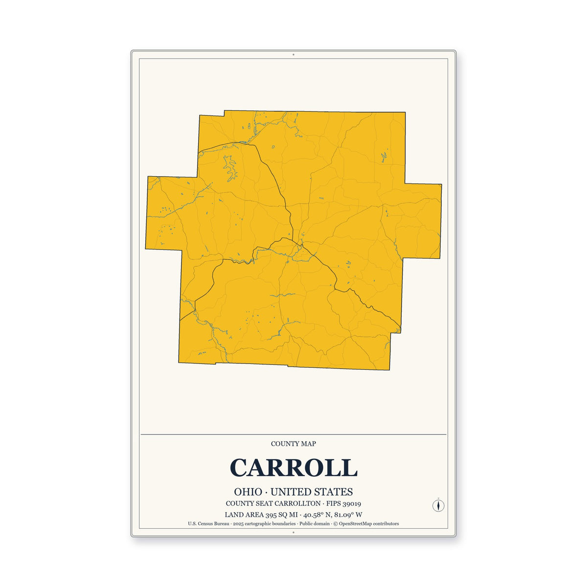 Carroll County, Ohio Map Aluminum Sign in Citrine Modern style