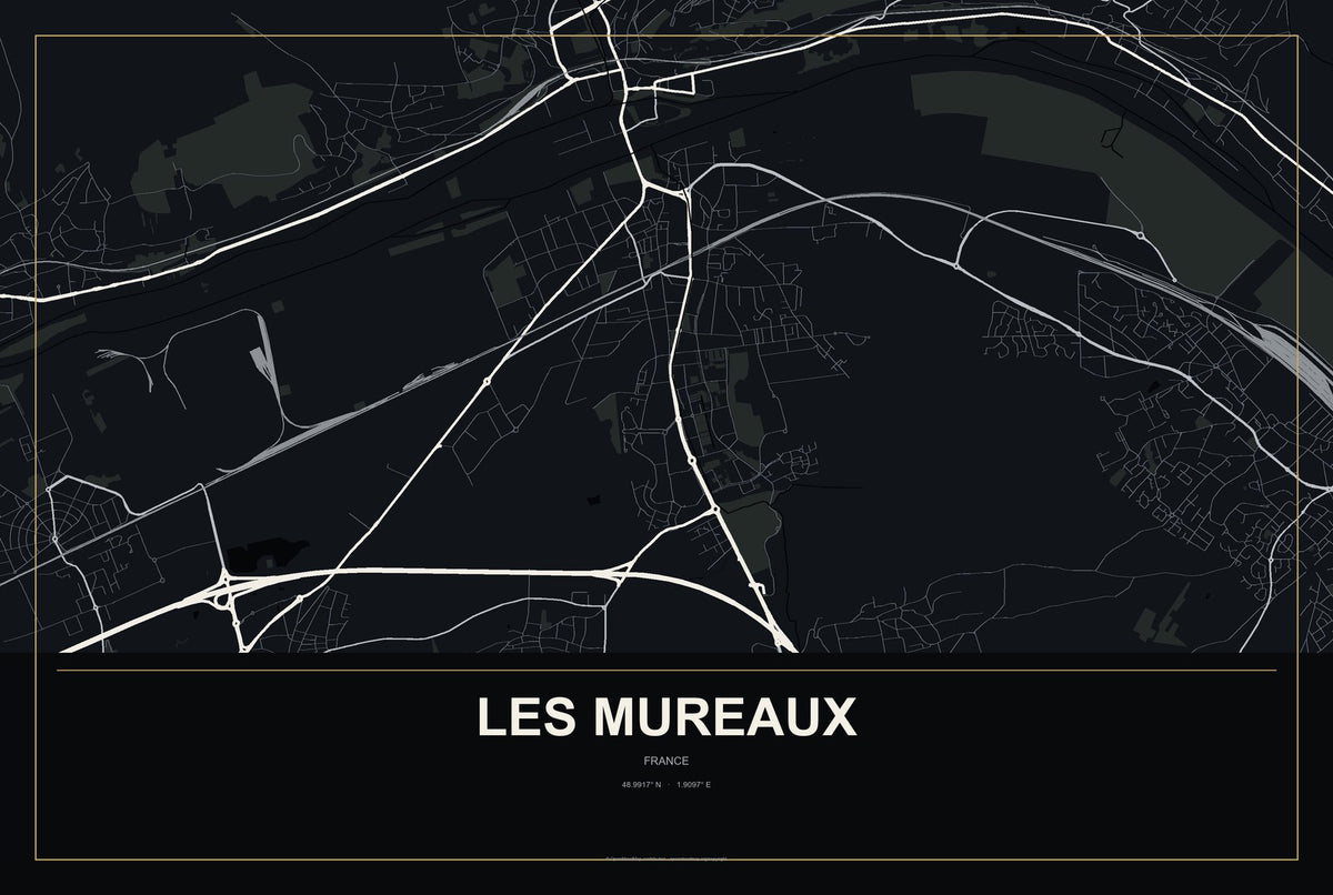 Les Mureaux, France City Map Aluminum Sign in Metropolitan Noir style