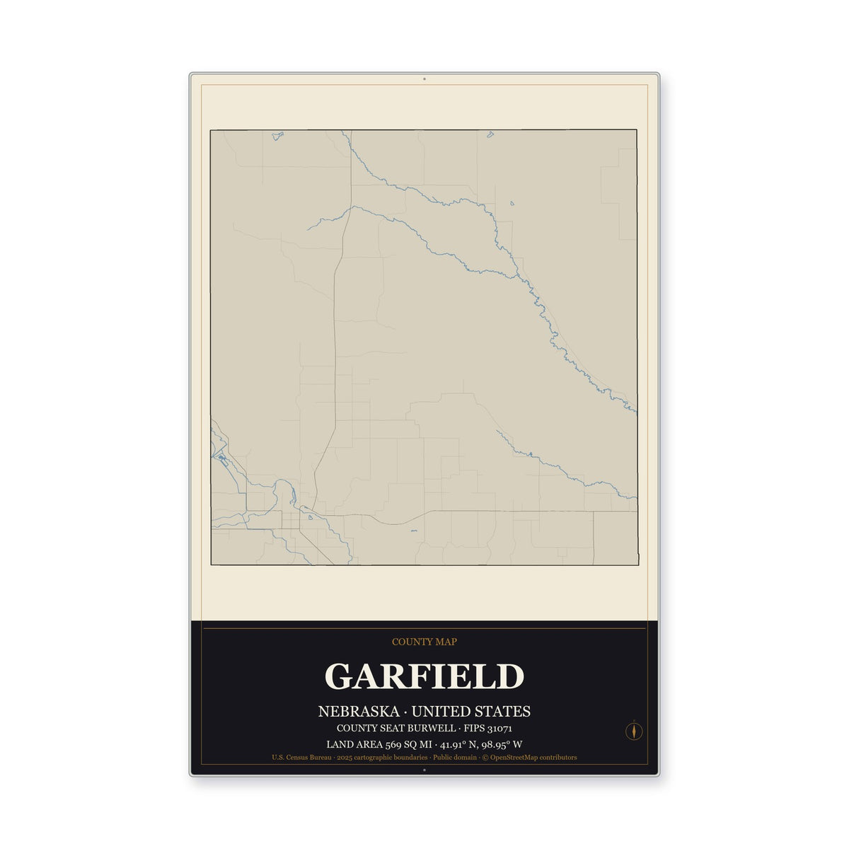 Garfield County, Nebraska Map Aluminum Sign in Museum Plaque style