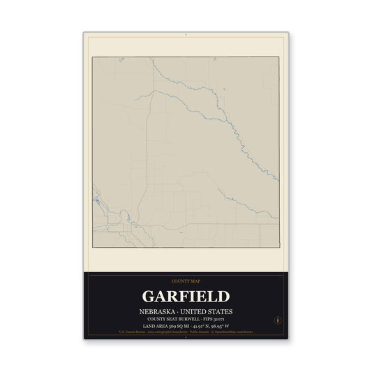 Garfield County, Nebraska Map Aluminum Sign in Museum Plaque style