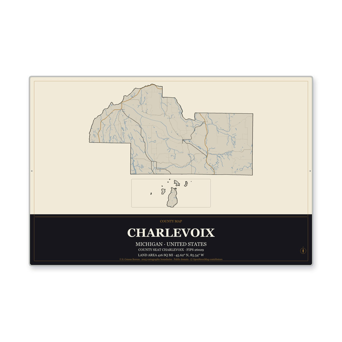 Charlevoix County, Michigan Map Aluminum Sign in Museum Plaque style