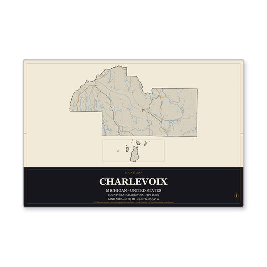 Charlevoix County, Michigan Map Aluminum Sign in Museum Plaque style