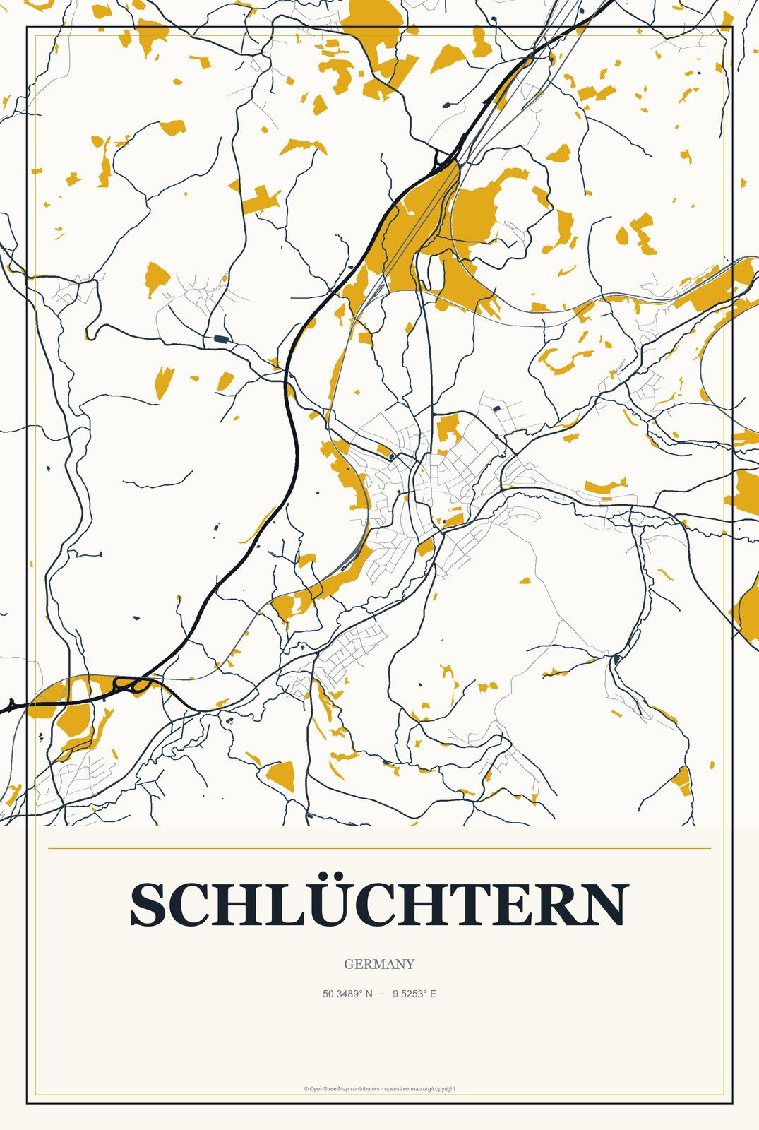 Schlüchtern, Germany City Map Aluminum Sign in Citrine Modern style