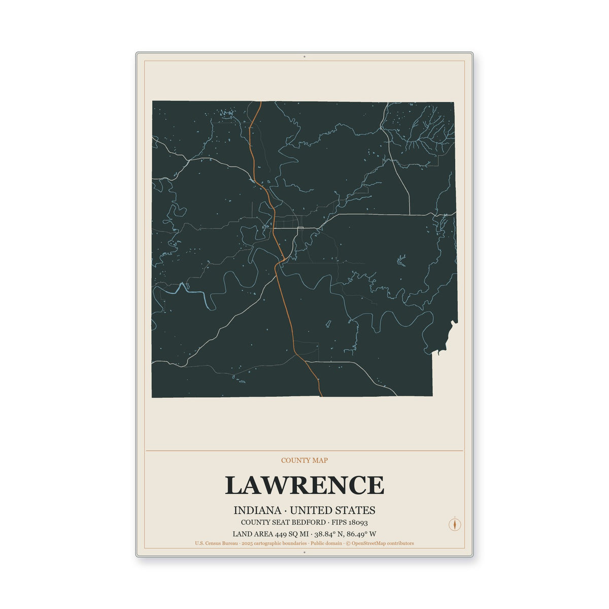 Lawrence County, Indiana Map Aluminum Sign in Headline Atlas style