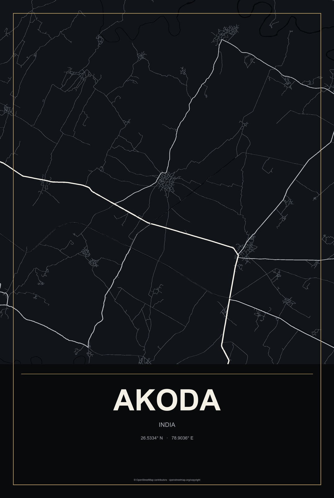 Akoda, India City Map Aluminum Sign in Metropolitan Noir style