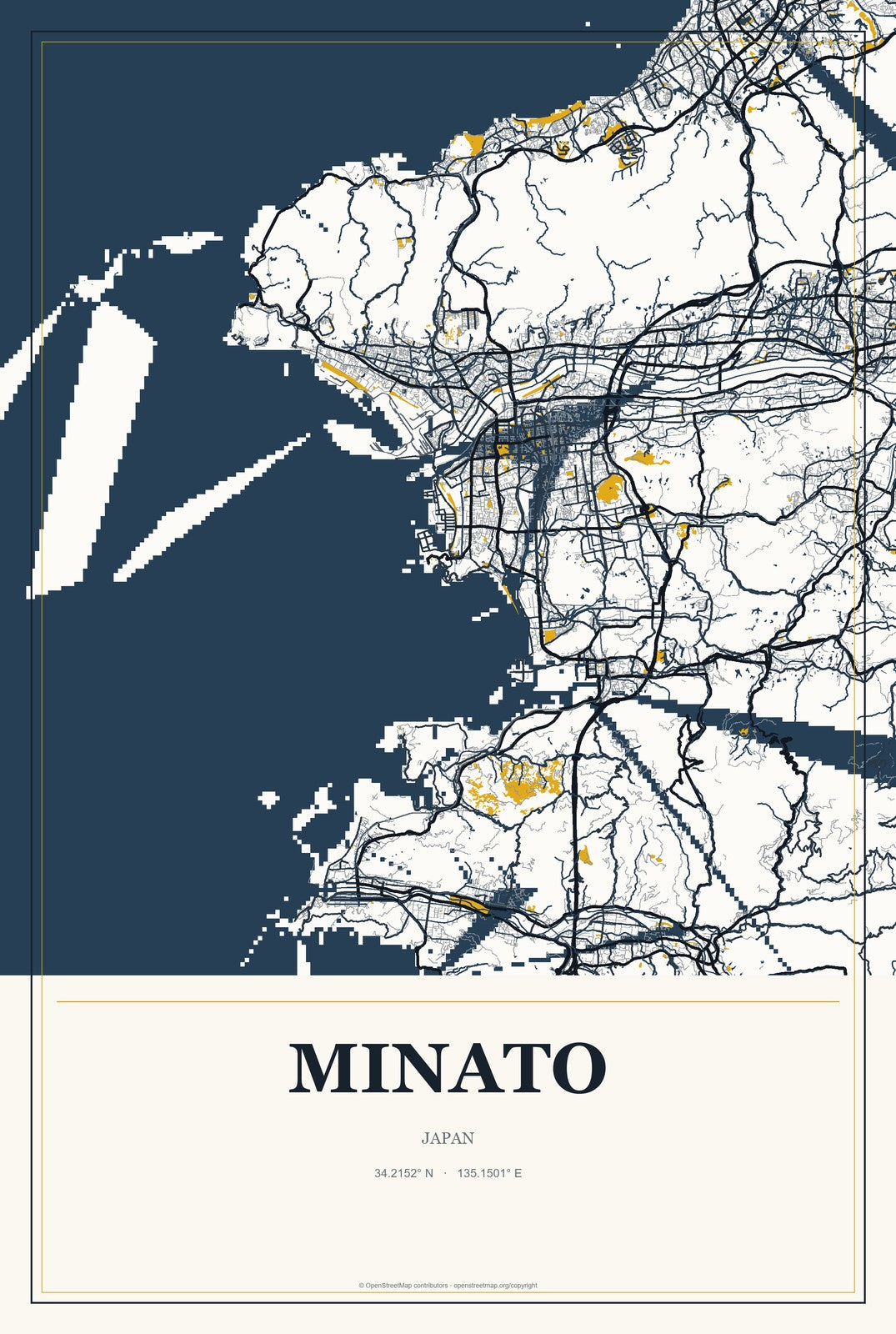 Minato, Japan City Map Aluminum Sign in Citrine Modern style