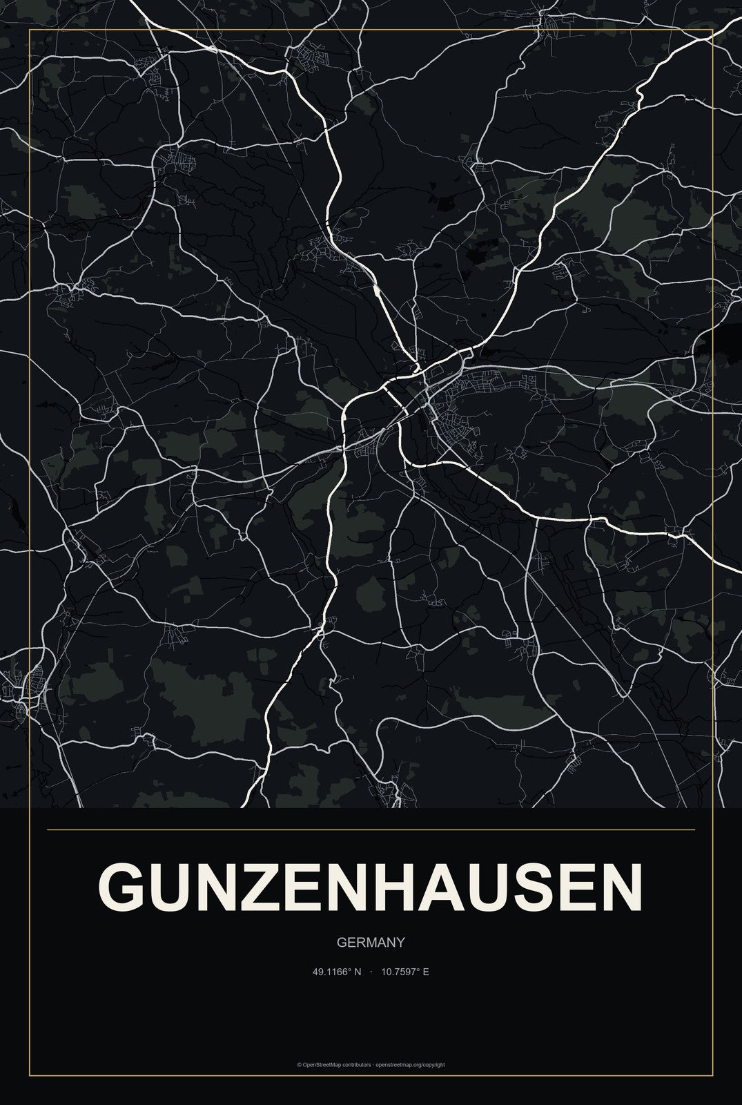 Gunzenhausen, Germany City Map Aluminum Sign in Metropolitan Noir style