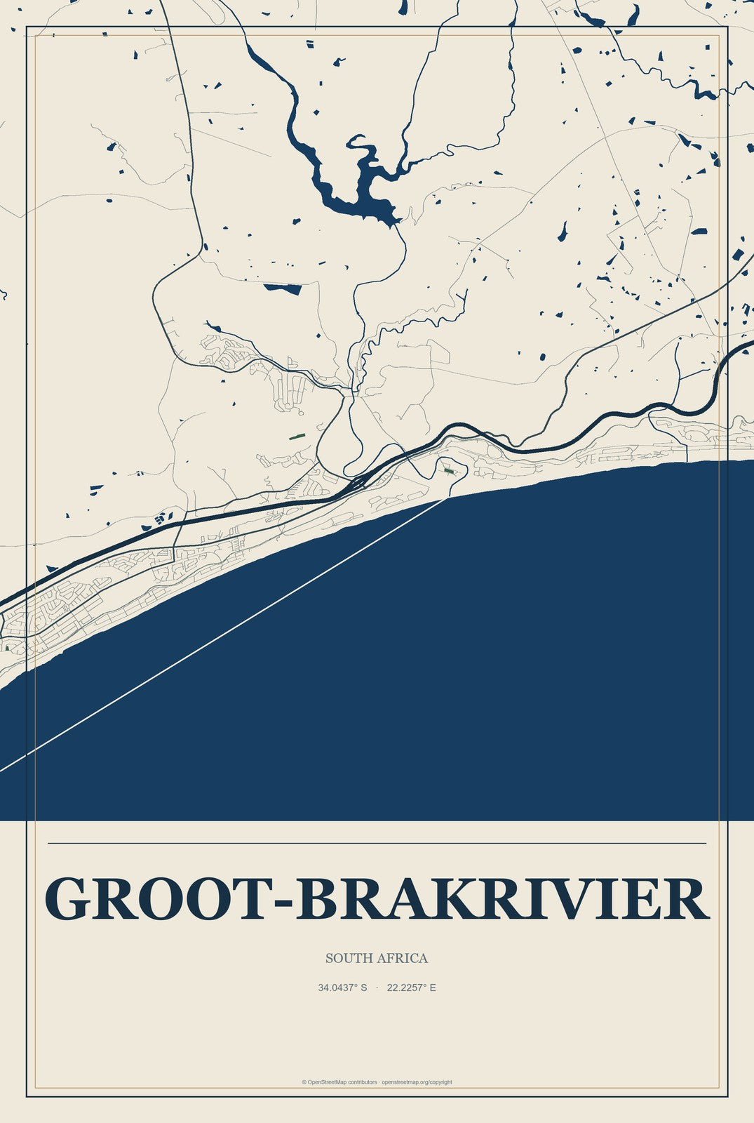 Groot-Brakrivier, South Africa City Map Aluminum Sign in Coastal Cutout style