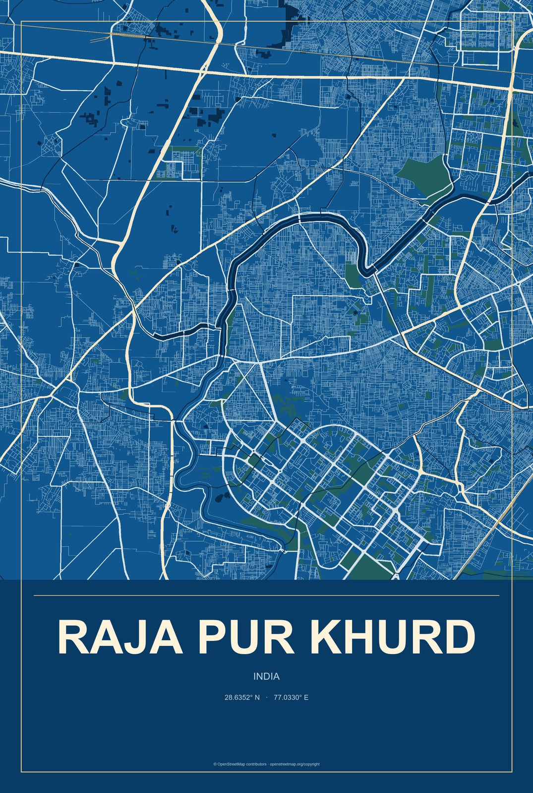 Raja Pur Khurd, India City Map Aluminum Sign in Harbor Cobalt style